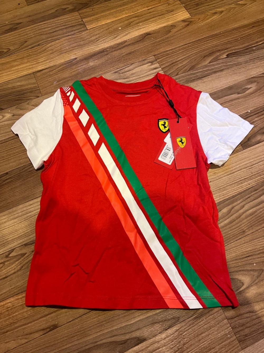 Ferrari Red Tee with Green & White Racing Stripes
